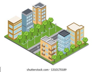 Suburb buildings and neighborhood with town houses and apartments isometric vector illustration