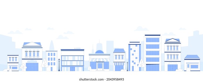 Suburb city street with apartments houses and shop buildings horizontal background. City view with house facades. Abstract architecture modern cityscape panorama. Vector illustration in flat style