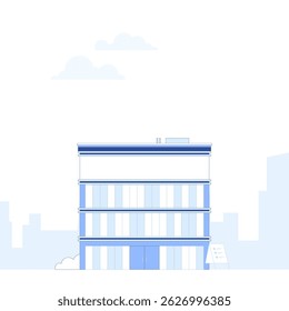Suburb city street with apartments houses and shop buildings horizontal background. City view with house facades. Abstract architecture modern cityscape panorama. Vector illustration in flat style