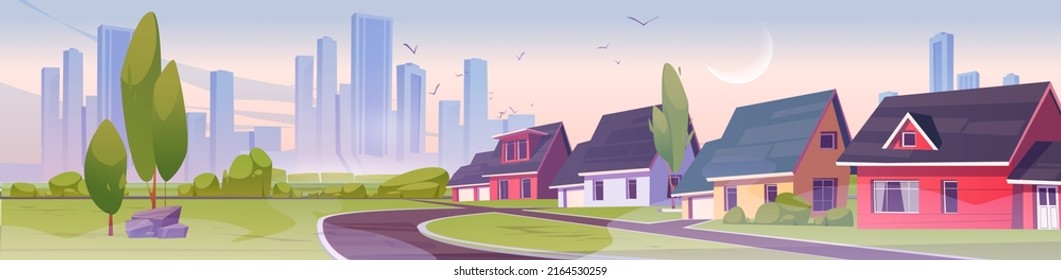 Suburb district with houses at early morning. Vector cartoon illustration of summer city landscape of suburban street with cottages, bushes and trees in fog