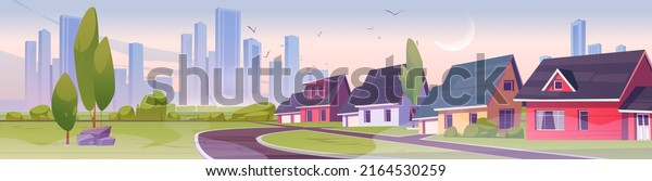 Suburb district with houses at early\
morning. Vector cartoon illustration of summer city landscape of\
suburban street with cottages, bushes and trees in\
fog