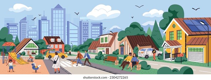 Suburb district with houses, people in park, road and city buildings on skyline in summer. Green landscape of suburban street with cottages, trees bushes and grass. Vector illustration kids playground