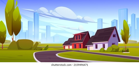 Suburb district with houses, road and city buildings on skyline in summer. Vector cartoon illustration of green landscape of suburban street with cottages, trees, bushes and grass