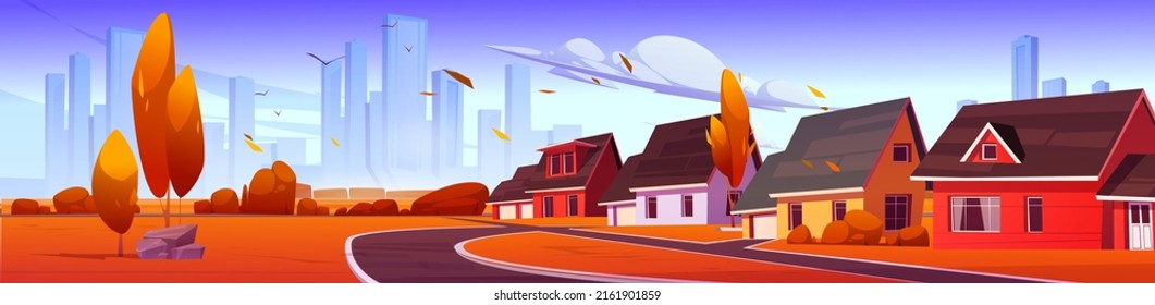 Suburb district with houses, road and city buildings on skyline in autumn. Vector cartoon illustration of orange landscape of suburban street with cottages, trees, bushes and grass