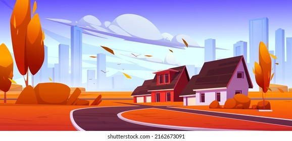 Suburb district with houses, road and city buildings on skyline in autumn. Vector cartoon illustration of fall landscape of suburban street with cottages, orange trees, bushes and grass