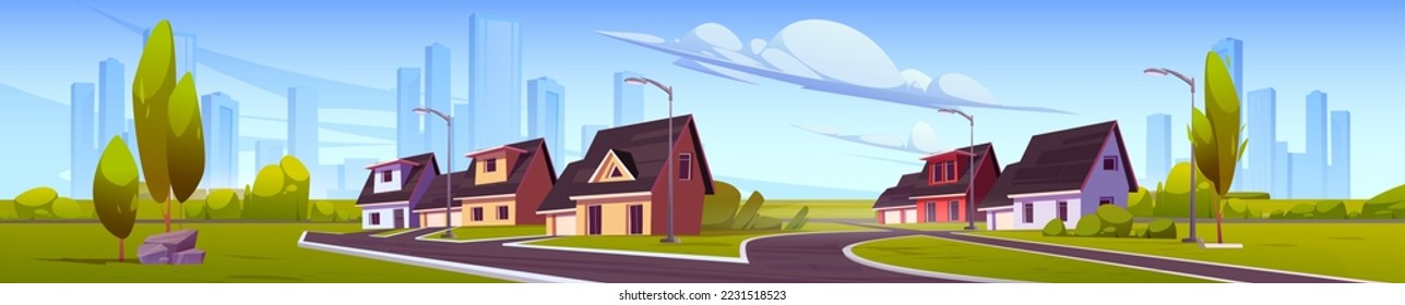 Suburb district panorama with houses, road, street lights and city on skyline. Vector cartoon illustration of summer landscape with green trees and grass, suburban cottages with garages