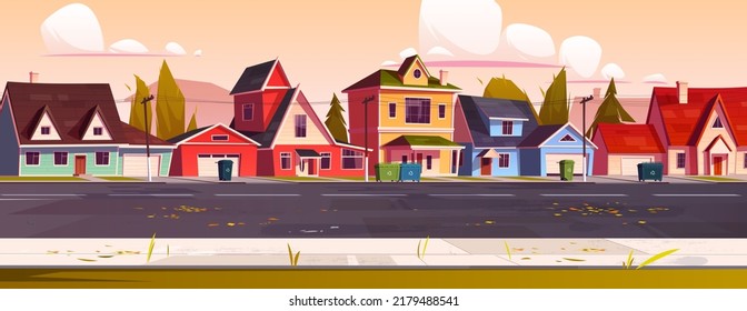 Suburb district street with houses in autumn. Vector cartoon illustration of fall landscape with suburban cottages, garages, garbage bins and road at evening