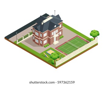Vorort Haus isometrische Zusammensetzung mit Garten Rasen Kinderspielplatz und Tennisplatz Vektorgrafik 