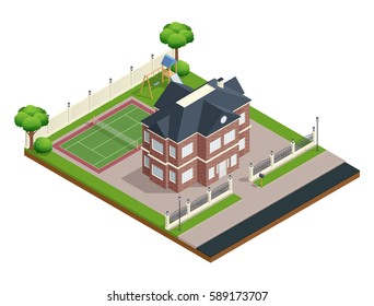 Suburb house isometric composition with sports ground and trees vector illustration