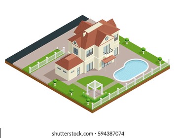 Suburb house isometric composition with swimming pool and lawn vector illustration