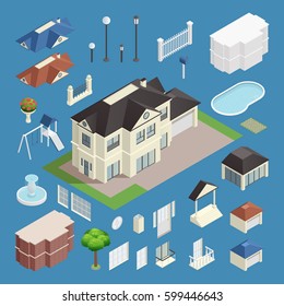 Suburb house isometric set on blue background isolated vector illustration