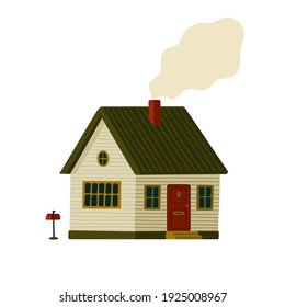 Suburb house. Wooden Barn house in rustic style with smoke from the chimney. Vector illustration in flat cartoon style on white background