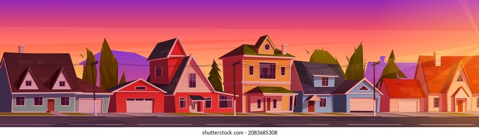 Suburb houses at beautiful sunset landscape, suburban street with residential cottages, countryside two storey buildings with garages under dusk evening sky, home facades. Cartoon vector illustration