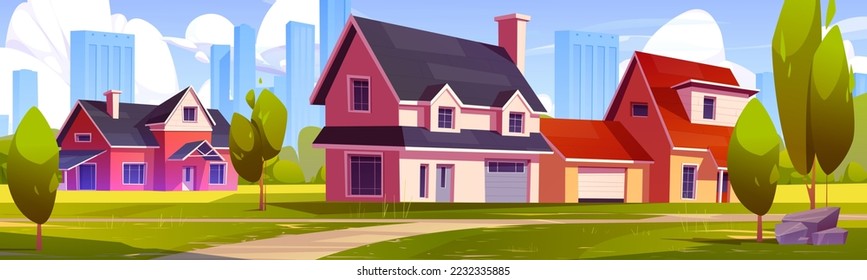 Suburb houses at cityscape view, suburban street with residential cottages, lawn, path and green trees. Two-storied buildings with garages at megalopolis countryside area, Cartoon vector illustration