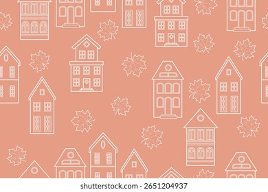Casas de subúrbio e bordo deixa um fundo laranja pastel. Desenho de contorno branco. Padrão perfeito sob a máscara de corte, conveniente para edição. Fundo para papel, têxtil, envoltório de presente. 