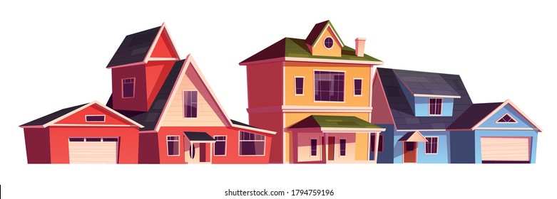 Suburb houses, residential cottages, real estate countryside buildings. Two storey suburban dwelling architecture with garages. Home facade isolated on white background. Cartoon vector illustration