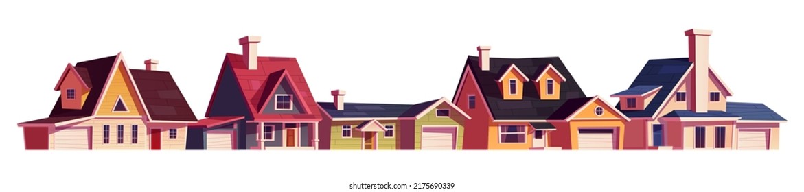 Suburb houses, residential suburban cottages, neighborhood real estate countryside buildings. Two storey dwellings with garages. Cartoon home facades isolated on white background, Vector illustration