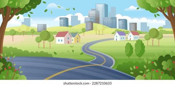 Suburb houses with road and city buildings on skyline in summer. Landscape with winding road, suburban houses and skyscrapers on the horizon.village, beautiful nature, clean air.  Vector cartoon style