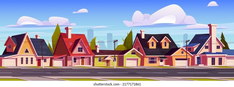 Casas de barrio, calle suburbana con casas residenciales y perfil urbano, campiña de dos pisos con garajes. Fachadas domésticas con árboles verdes y carreteras asfaltadas. Ilustración vectorial de dibujos animados