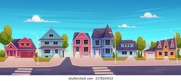 Suburb houses, suburban street with residential cottages and city skyline, countryside two storey buildings with garages. Home facades with green trees and asphalt road. Cartoon vector illustration