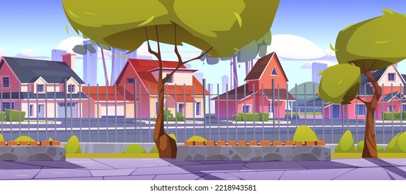 Suburb houses, suburban street with residential cottages behind of metal fence with green trees, benches and paved road. Countryside townscape with two storey buildings Cartoon vector illustration