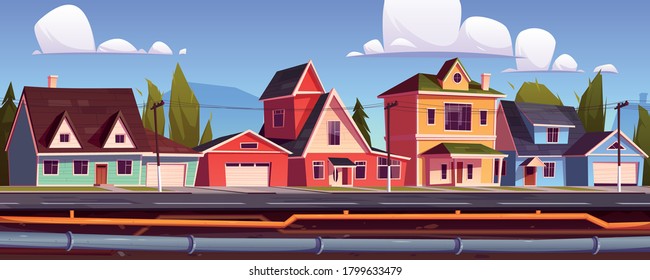 Suburb houses and underground pipeline. Sewer and plumbing system under city street. Vector cartoon illustration of landscape with suburban cottages, pipes with water and drainage