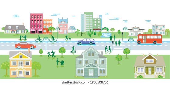 Suburb with pedestrians and road traffic, illustration