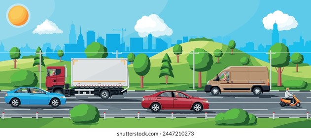 Carretera De Cercanías Con Avance De Camión De Carga, Coches, Furgoneta Y Motocicleta. Carretera Sobre Colinas Y Paisaje Forestal. Transporte Suburbano Y Carga. Ilustración vectorial plana