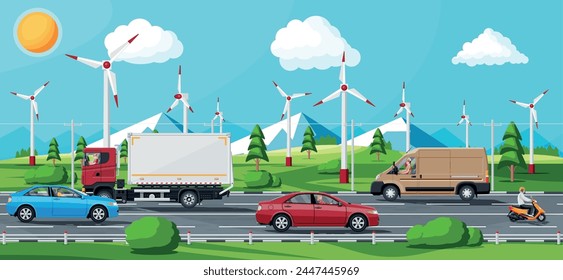 Suburb Road With Cargo Truck Trailer, Cars, Van And Motorbike. Road Over Mountains And Forest Landscape. Wind Turbines And Forest. Suburban Transportation And Cargo. Flat Vector Illustration