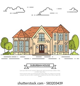 Suburb skyline in line art style - landscape with private house, trees and clouds. Isolated vector illustration of beautiful cityscape for real estate and property banner or card.