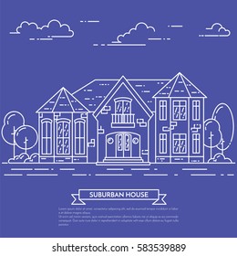 Suburb skyline in line art style - landscape with private house, trees and clouds. Isolated vector illustration of beautiful cityscape for real estate and property banner or card.