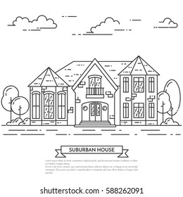 Suburb Skyline In Line Art Style - Landscape With Private House, Trees And Clouds. Isolated Vector Illustration Of Beautiful Cityscape For Real Estate And Property Banner Or Card.