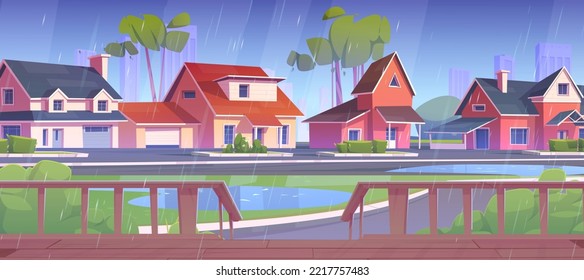 Suburb street with houses, road and wooden terrace in rain. Summer landscape of village with cottages, green grass, trees and porch with fence and stairs in rainy weather, vector cartoon illustration