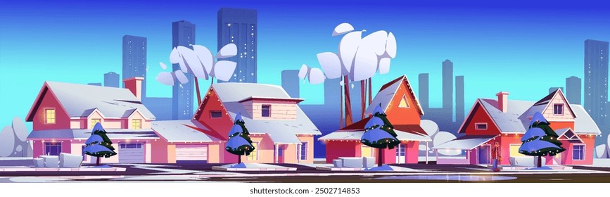 Suburbio de la calle de la ciudad en la víspera de Navidades. Ilustración de dibujos animados de Vector del distrito de la aldea contra el fondo moderno del paisaje urbano en invierno, casas decoradas con luces de guirnalda, nieve en árboles y arbustos