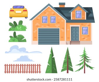 Suburb village landscape set. House with garages, fence and trees on an isolated background. Vector collection in a flat style