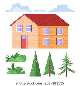 Suburb village landscape set. House with garages, fence and trees on an isolated background. Vector collection in a flat style
