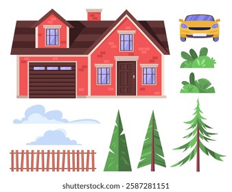 Suburb village landscape set. House with garages, fence and trees on an isolated background. Vector collection in a flat style