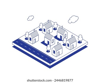 Vorort oder Dorf mit kleinen Privathäusern in der Nähe der Straße. Niedrige Bauweise. Lineare isometrische Darstellung auf weißem Hintergrund isoliert. 