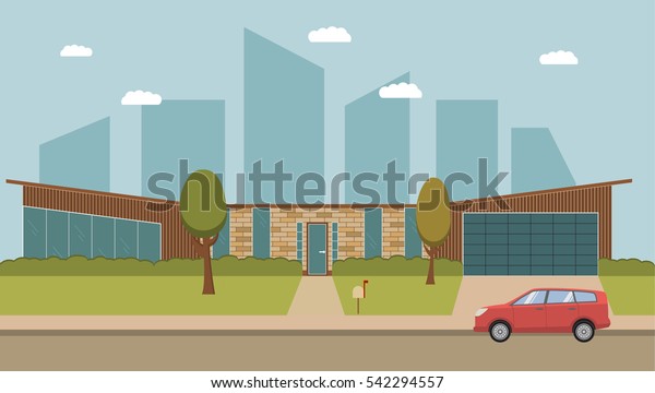 Suburban american home.Modern private country\
house with a garage and the parked car SUV. A city landscape in\
flat style a vector. Architecture facade bungalow cottage of the\
one story building.