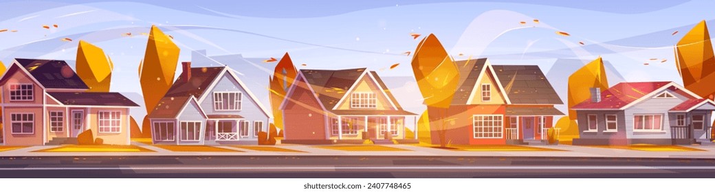 Suburban autumn landscape with orange and yellow trees and grass on yards. Fall seasonal cartoon vector suburb scenery of cityscape with countryside house on street with empty road and driveway.