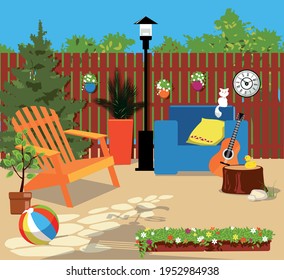 Suburban Backyard In Summer, Cozy Space Decorating With Seasonal Flowers, No People, EPS 8 Vector Illustration