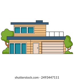 Suburban building front exterior.Double-storey house. House building .Suburb district. Facade countryside house.modern village building.Vector flat illustration.Classic cottage house