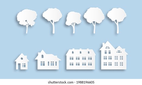Suburban buildings and trees. Paper cut houses. Various isolated white homes and plants template. Decorative origami elements set. Cityscape constructor kit. Vector cottages exteriors set