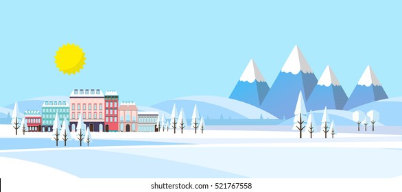 Suburban Buildings in Winter Landscape Flat Vector Illustration,