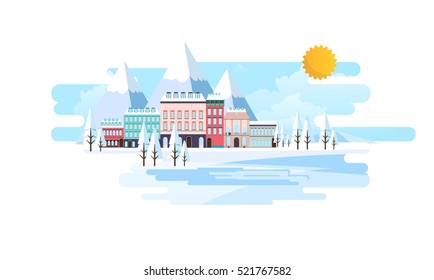 Suburban Buildings in Winter Landscape Flat Vector Illustration,