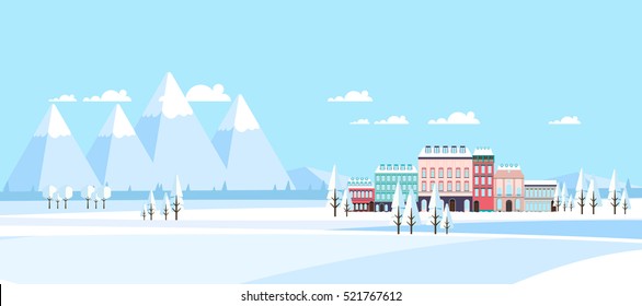 Suburban Buildings in Winter Landscape Flat Vector Illustration,