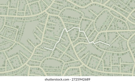 mapa cadastral suburbano com trajeto de navegação irregular branco. Ilustração vetorial.