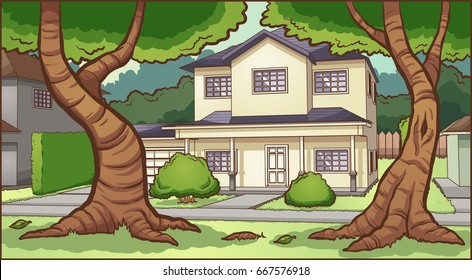 Suburban cartoon house background. Vector clip art illustration with simple gradients. Some elements on separate layers. 