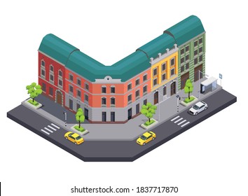 Suburban city buildings isometric composition with view of town street with cars and apartment houses row vector illustration