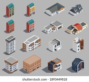 Suburban city buildings isometric set with isolated icons of modern town houses and low rise buildings vector illustration
